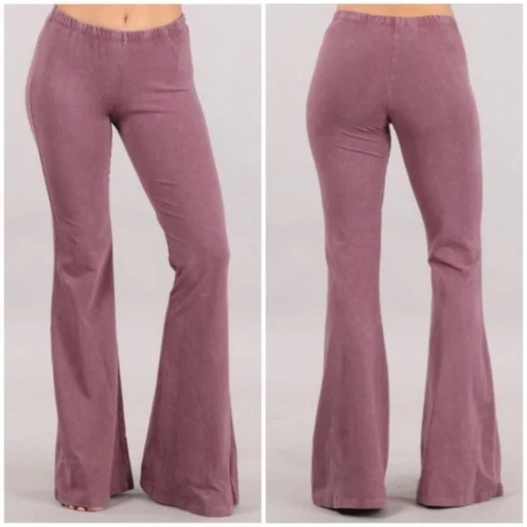 Pants - Dusty Rose Boho Mineral Wash Stretch Flared Bell Bottom Casual Pants